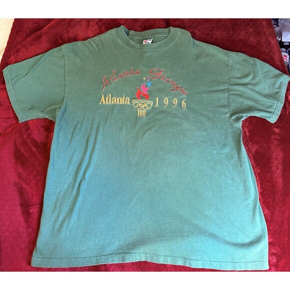 VTG 1996 Atlanta Olympics T Shirt XL Green Hanes Beefy Single Stitch Embroidered - Picture 1 of 5